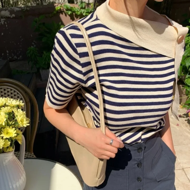 Neploe Fashion Striped Off Shoulder T-shirts Summer Thin Ice Silk Knitted Tops Women 2024 New Slim Fit Short Sleeve Tee Shirt