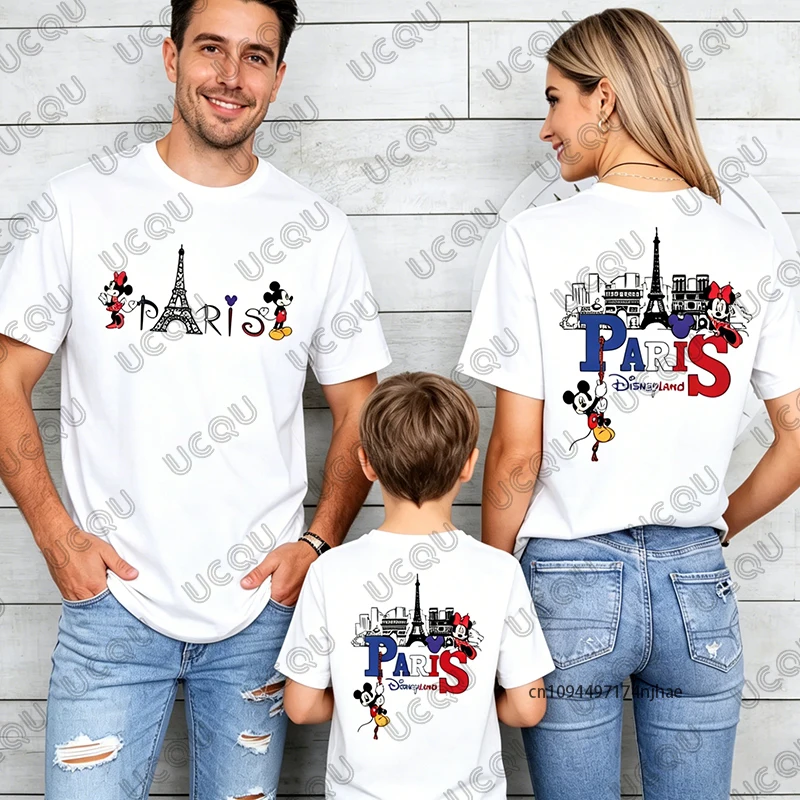 Camiseta de algodón con estampado de Mickey y Minnie Love Paris para mamá y papá, camisetas de manga corta para padres e hijos, camisetas informales, verano 2026