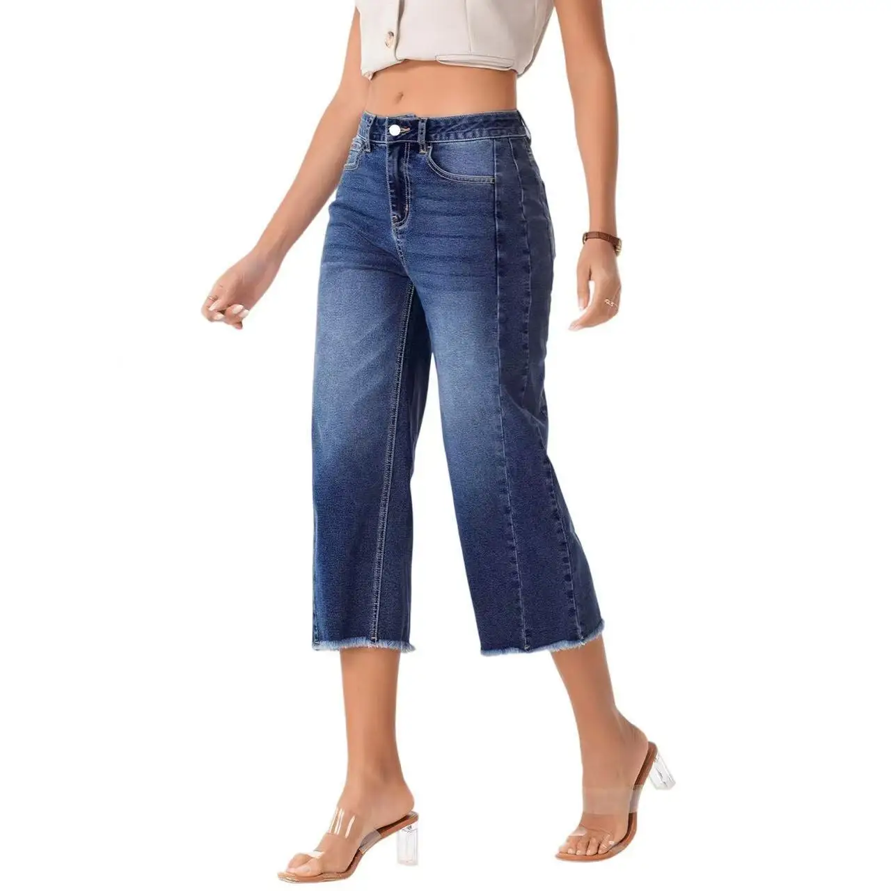 European American Fashion Women Blue Solid Color Calf Length Simple Basic Casual Straight Jean Pants Female Daily Denim Trousers