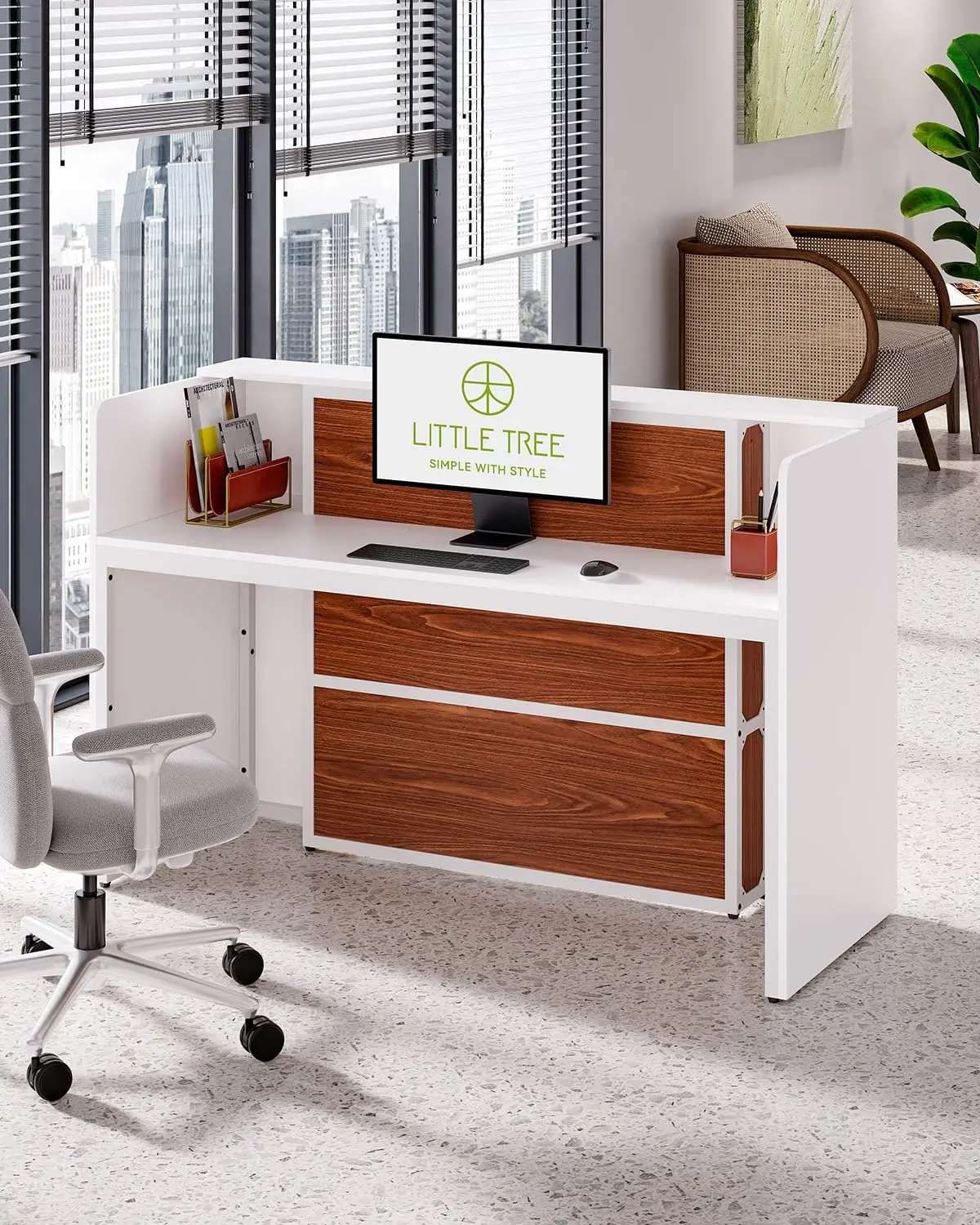 Little Tree 63 Inches Reception Desk, Modern Reception Table With Led Light, Front Counter Desk, Wooden Checkout Counter For