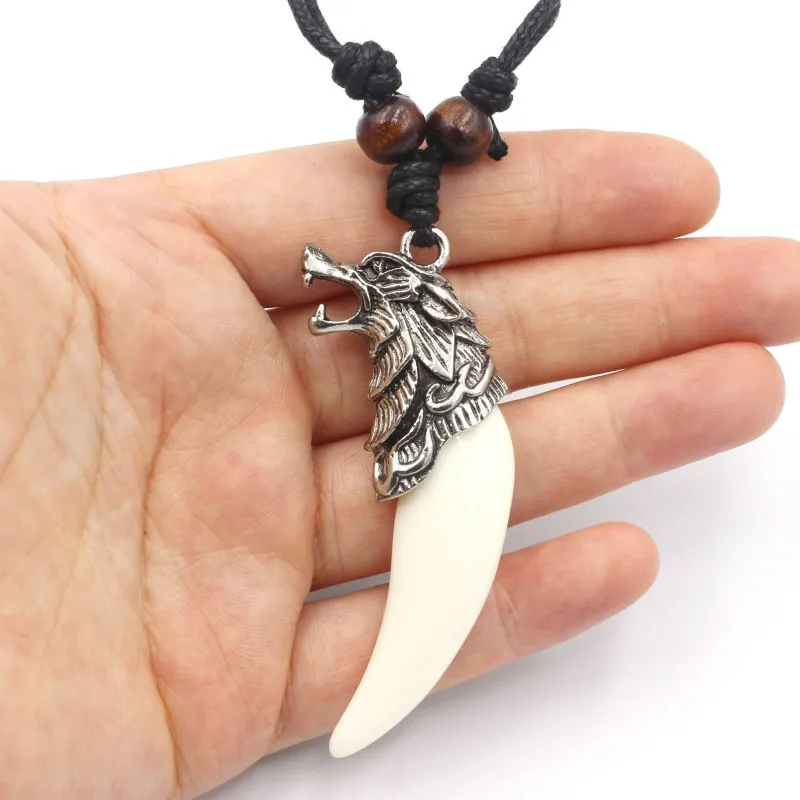 Vintage Silver Plated Wolf Tooth Pendant Necklace Acrylic White Tooth Charms Beads Sweater Chain Rope Amulet Gift