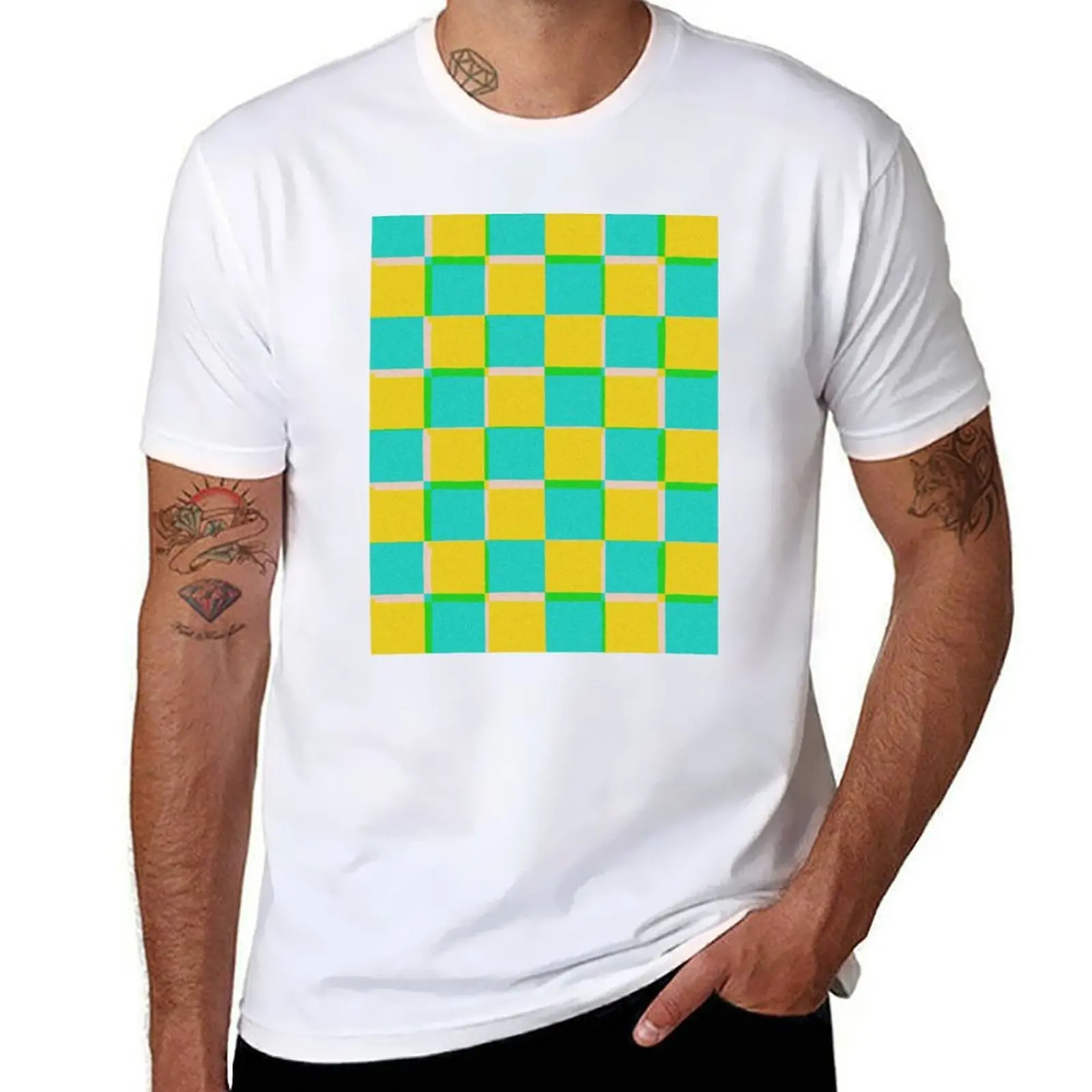 

Turquoise and Yellow Checkerboard Pattern T-Shirt man t shirts cotton t shirts cotton 100% T-Shirt