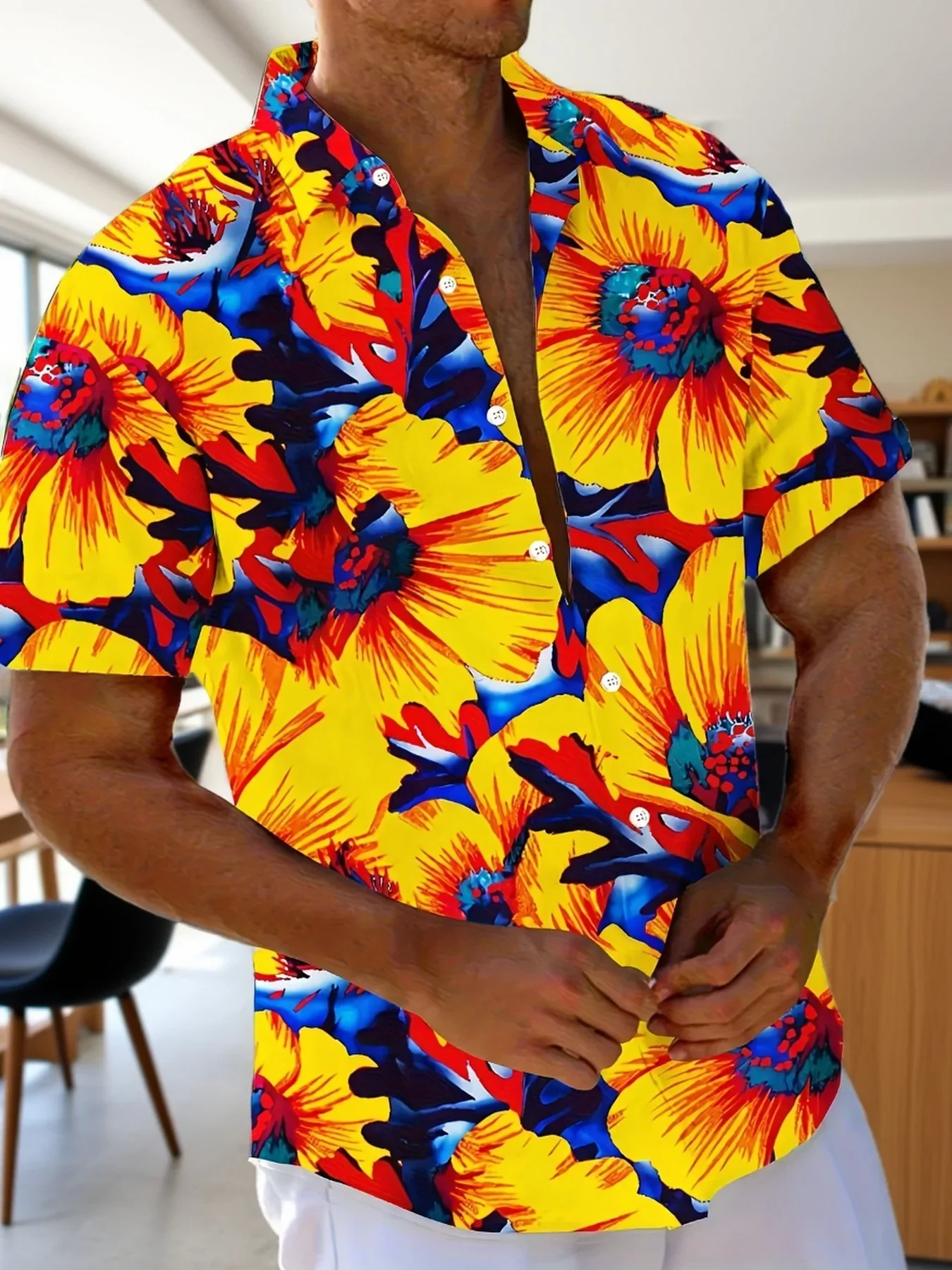 Floral hand-painted print men's button-down short-sleeved shirt tropical vacation style eye-catching color blocking