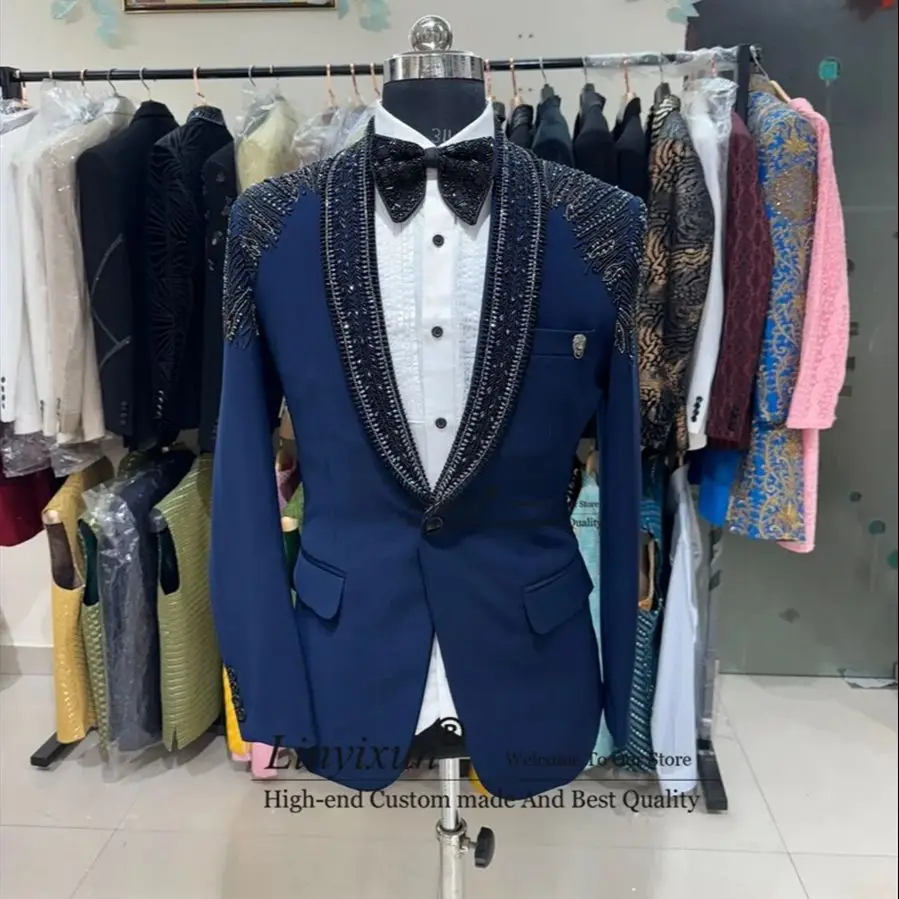 Elegance Beaded Crystals Men Suits Shawl Lapel Wedding Groom Tuxedos 2 Pieces Male Prom Blazers Slim Party trajes para hombre