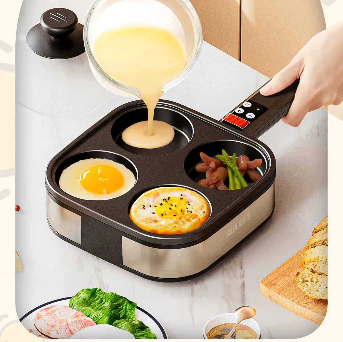 ماكينة صنع الفطائر الكهربائية بقوة 220 فولت - قالب طبخ برجر البيض بأربعة فتحات - مقلاة كهربائية منزلية