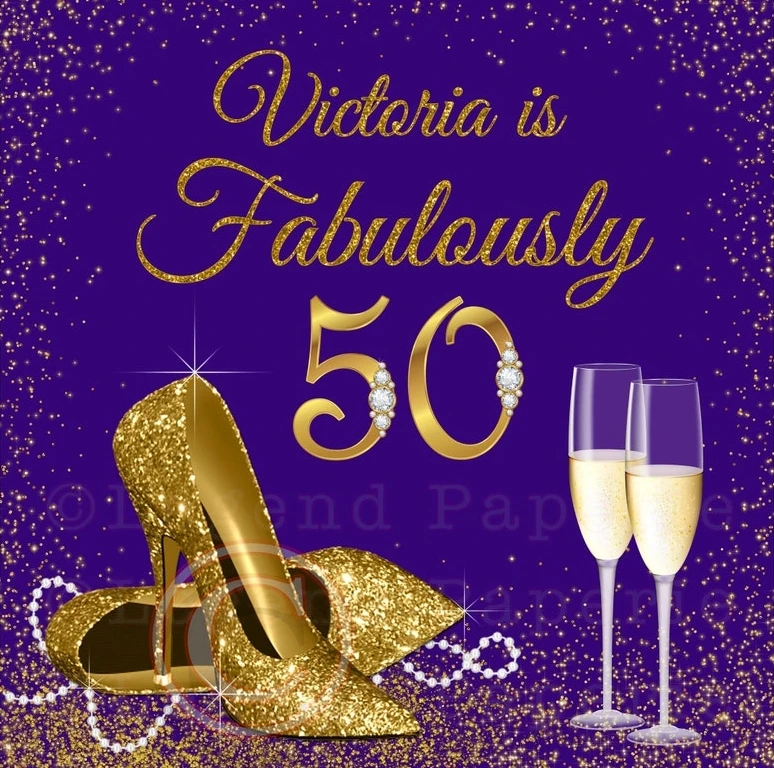 

Custom 50th Womans Purple Gold Birthday Shoe Champagne Shiny Sparkle backdrops party supplies Photography Studio Backgrounds