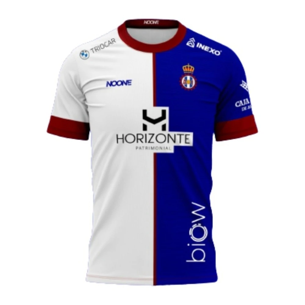 Camiseta de fútbol - Blanco y azul con logotipos de patrocinador "HORIZONTE" con ribete granate para TRIOCAR Ropa de fútbol de alta calidad para fanáticos