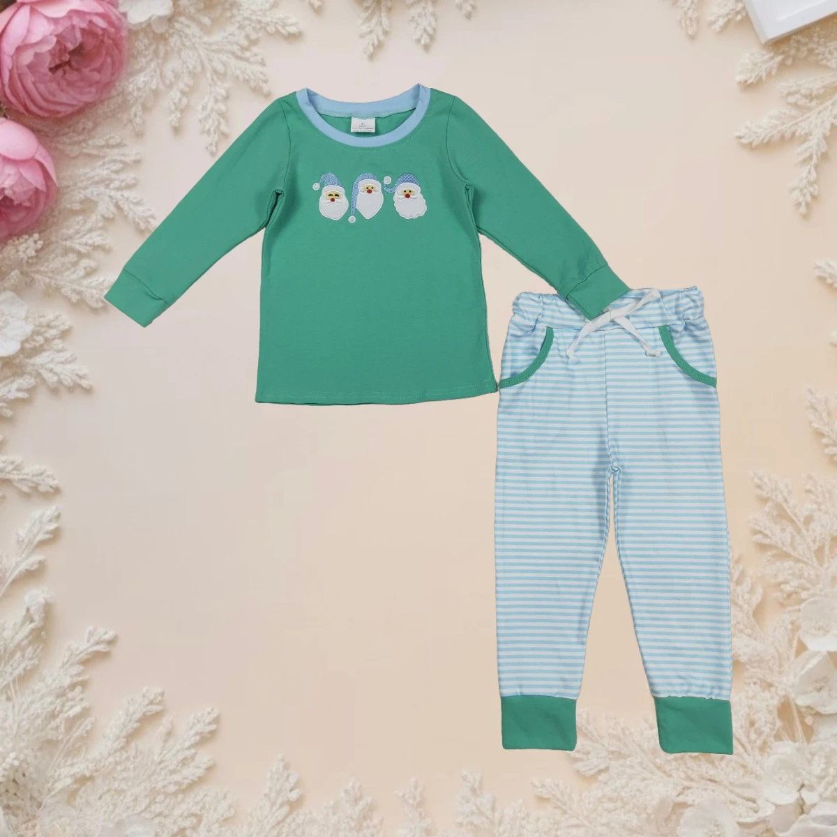 

Christmas Pajamas Set for Toddler Girls Long Sleeve Santa Print Top and Striped Pants Soft Cotton Sleepwear Outfit Kids Clothes