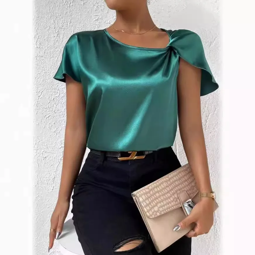2026 Summer Ladies New Satin Short Sleeve Satin Twist Solid Color Loose Versatile Tops for Women