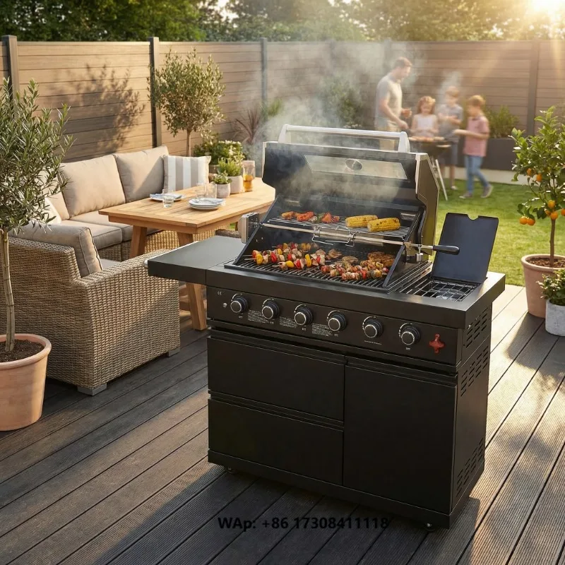 OE Home 46-Inch 75300 BTU 6 Burner Stainless Steel Portable Camping Gas Grill Piezo Ignition-Luxurious Modern Outdoor Kitchen