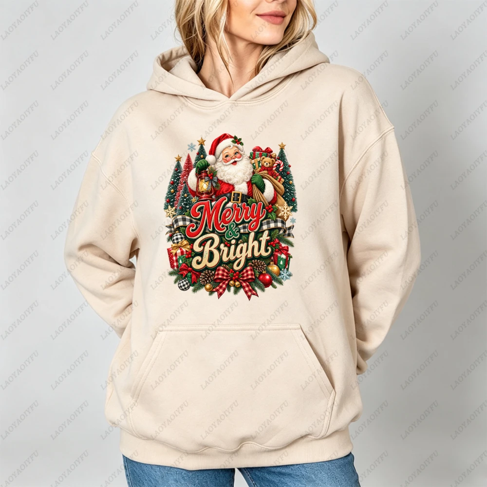 Santa Claus Merry Bright Graphic Hoodie Women Vintage Xmas Tree Print Sweatshirt Long Sleeve Oversized Streetwear Outfits