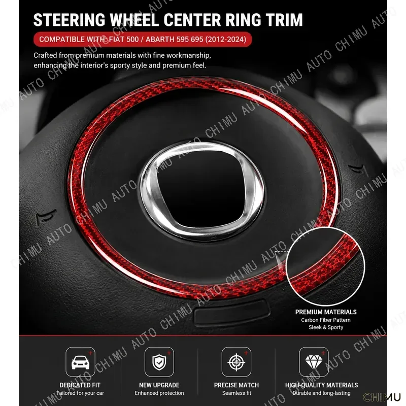 【CHIMU AUTO】 Dry Carbon Fiber Steering Wheel Center Trim for Fiat 500 Interior Decorative Frame Sticker Car Accessories