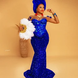 Aso Ebi Style Royal Blue Sequins Evening Dresses Sparkly Beaded African 2025 Formal Party Dress Black Women Wedding Guest Gowns