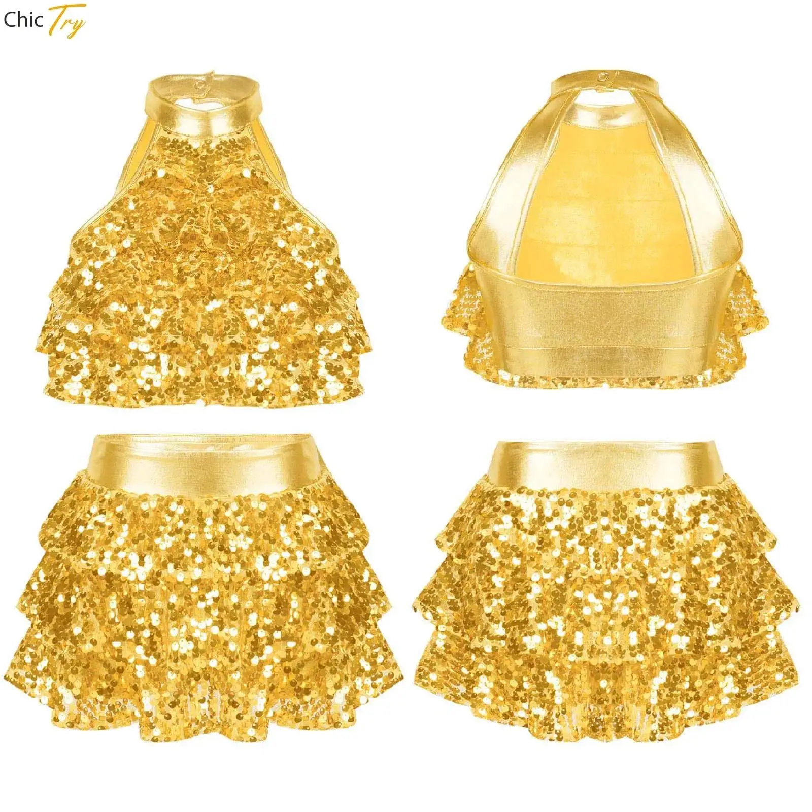 

Kids Girls Modern Jazz Latin Dance Costumes Halter Shiny Sequins Ballet Dance Crop Top Shorty Dress Girls Stage Ballet Dancewear