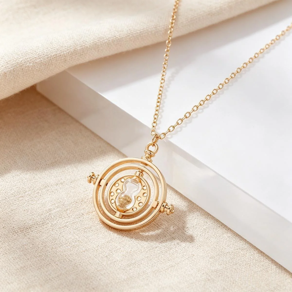 Gold Hourglass Pendant Necklace 360 Rotating Time Turner Unisex Magic Jewelry Gift for Couple Best Friend