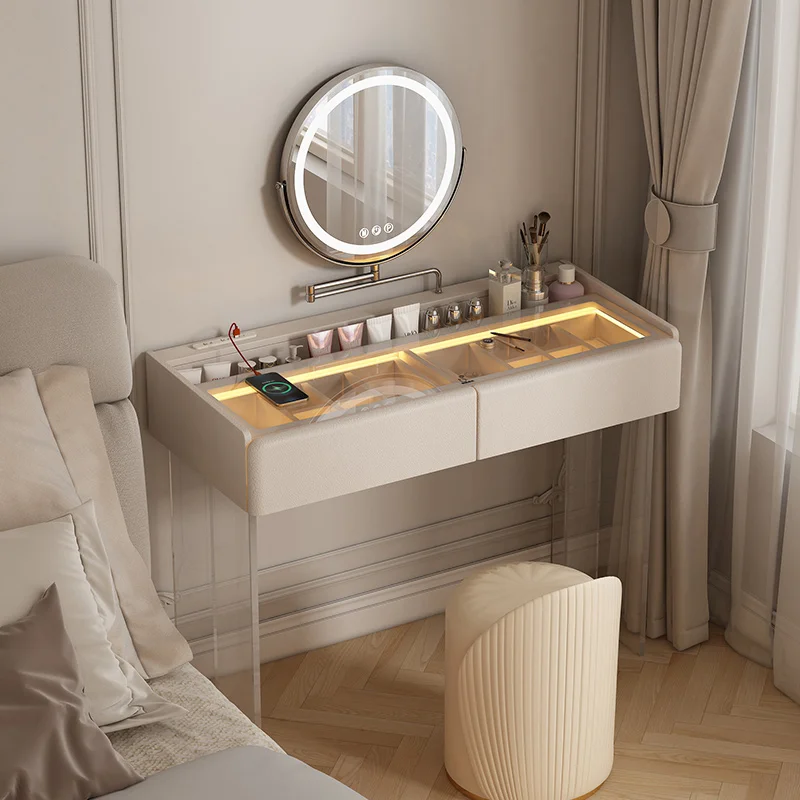 

Salon Minimalist Vanity Tables Long Beige Clear Lights Mirror Girl Vanity Tables Small Modern Penteadeira Bedroom Furniture