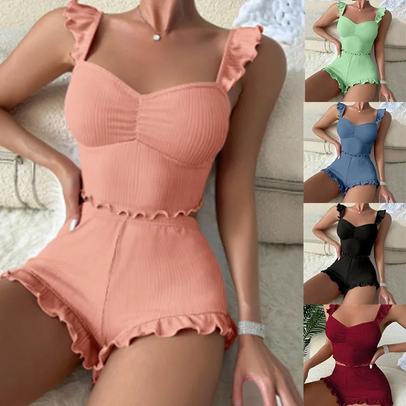 

2025 New Women Pajama Set Bow Small Fly Sleeve Straps Crop Top & Elastic Waist Shorts 2 Pieces Female Sleepwear Summer Nightwear