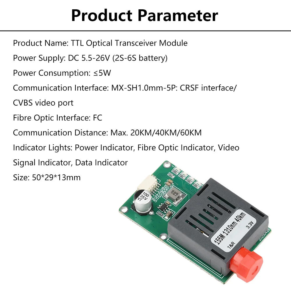 TTL Optical Transceiver Module for Drones DC 5.5-26V Fiber Optic Communication Up to 20/40/60KM Lightweight Design FPV Control