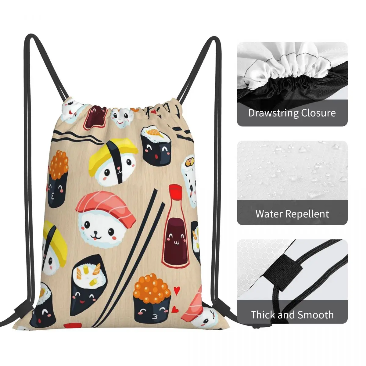 Kawaii Sushi Backpacks Casual Portable Drawstring Bags Drawstring Bundle Pocket Storage Bag Book Bags For Man Woman Students