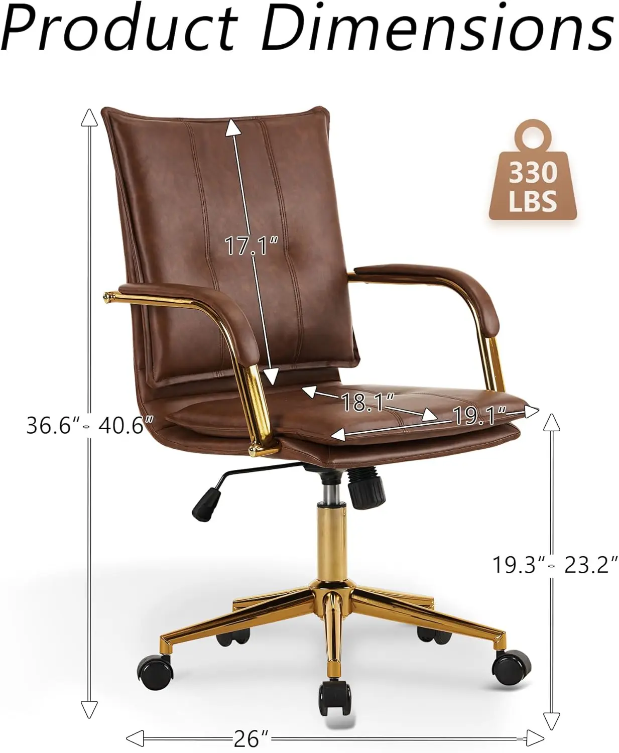 Mid-Back Ergonomic Leather Office Chair, Gold Frame Executive Task Chair (Caramel)