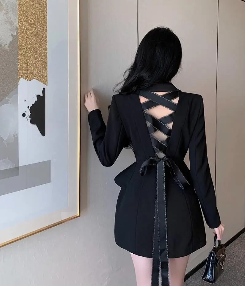 French Retro Style Back Strap Bow Slim Waist Suit Jacket Women's Spring Autumn High Street Black Blazers s336