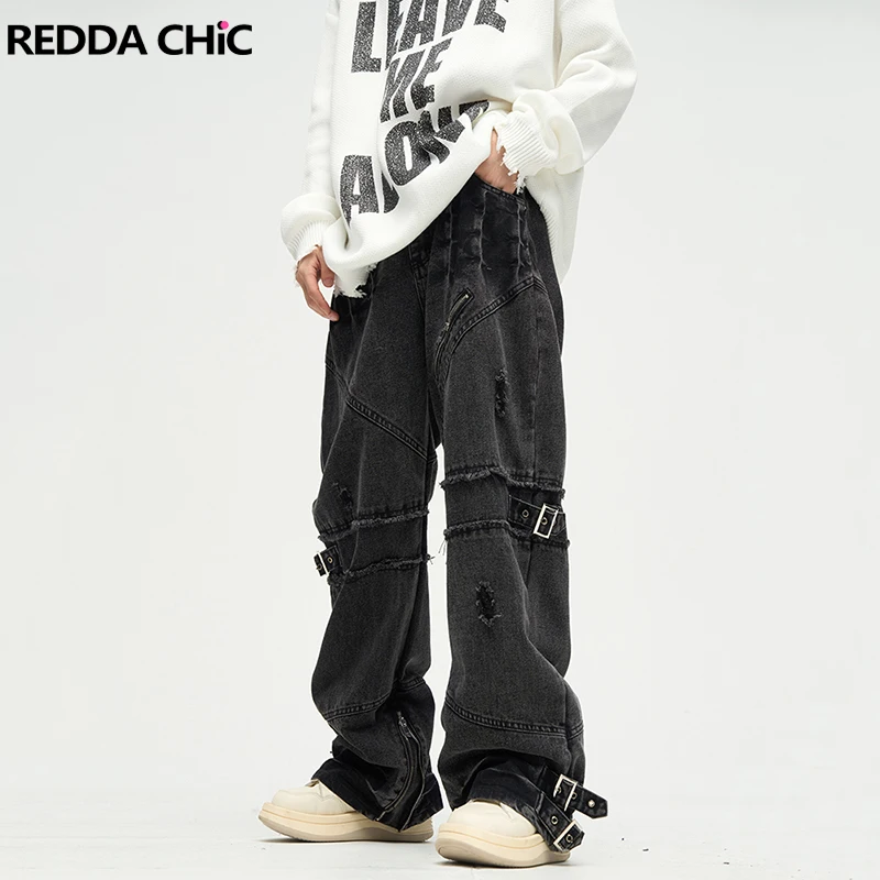 REDDACHIC Belted Frayed Cargo Pants Men Patchwork Retro Black Ripped Baggy Jeans Wide Leg Casual Trousers Grunge Y2k Streetwear