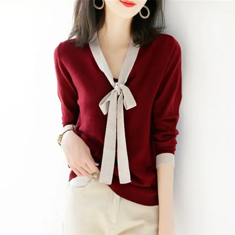 

Autumn Women Clothing Knitting Top Tee Ladies Temperament Loose Lacing Bow Sweater Bottoming Shirt Elegant Pullover New Top Tee