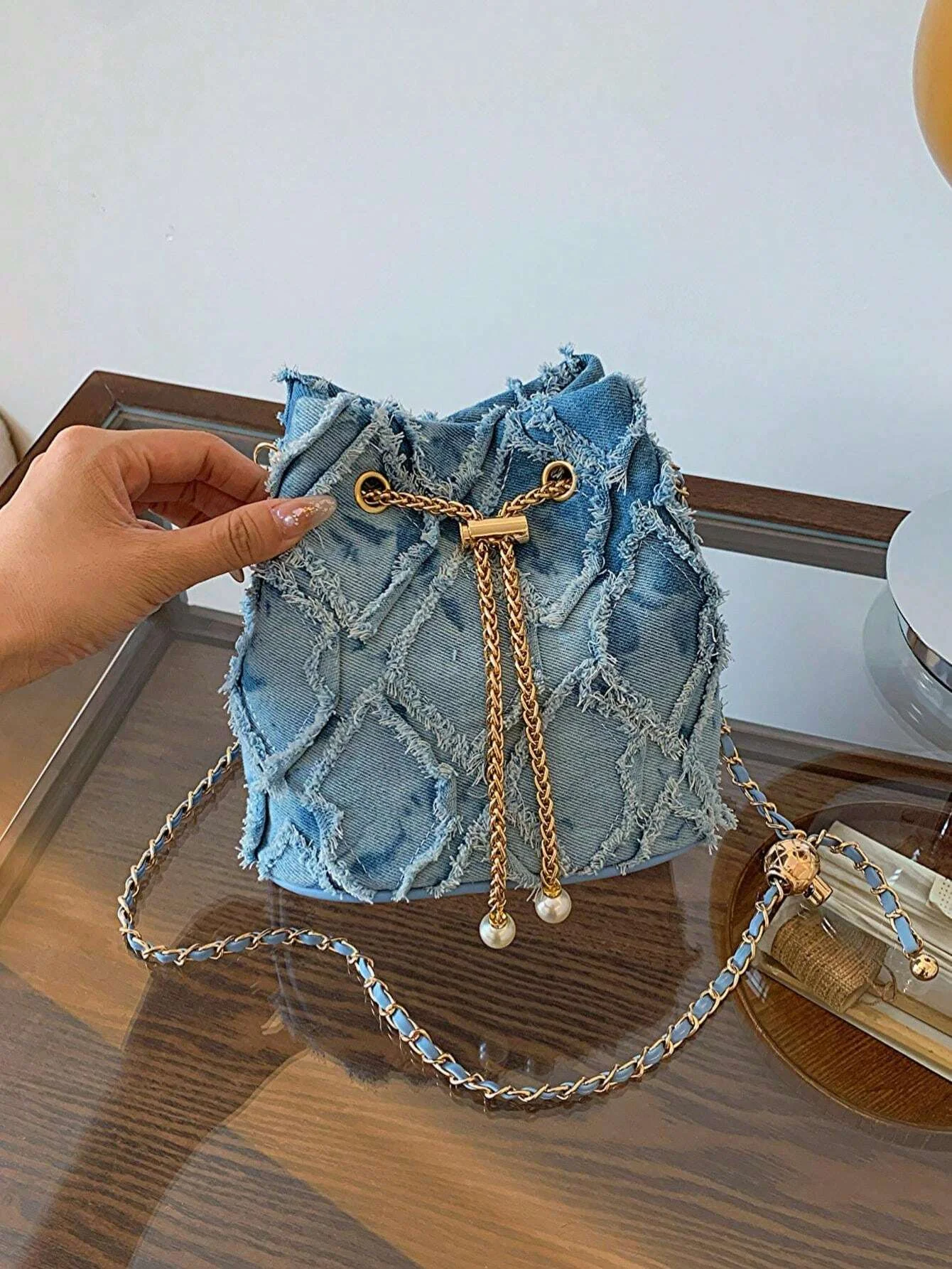 Borsa a tracolla in denim vintage scozzese tinta unita alla moda con corda aperta e chiusa, adatta per i viaggi quotidiani delle donne