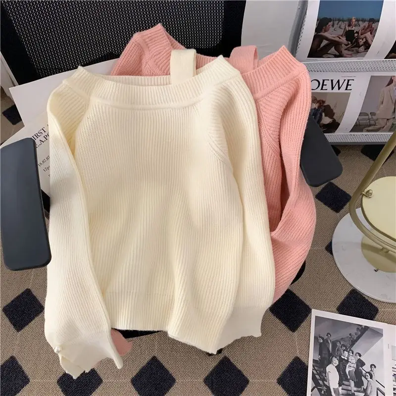 

Off Shoulder Sweater Sexy Women's Clothing Spring and Autumn Coat Solid Color Knit Shirt Korean Fashion Pullovers Pink White