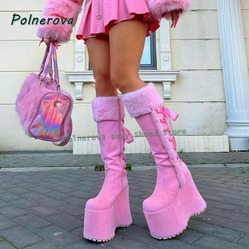 

Pink Sugar Sweetheart Knee High Boots Round Toe Height Increase Platform Cross Tied Women Fashion Boots 2025 Street Style Newest