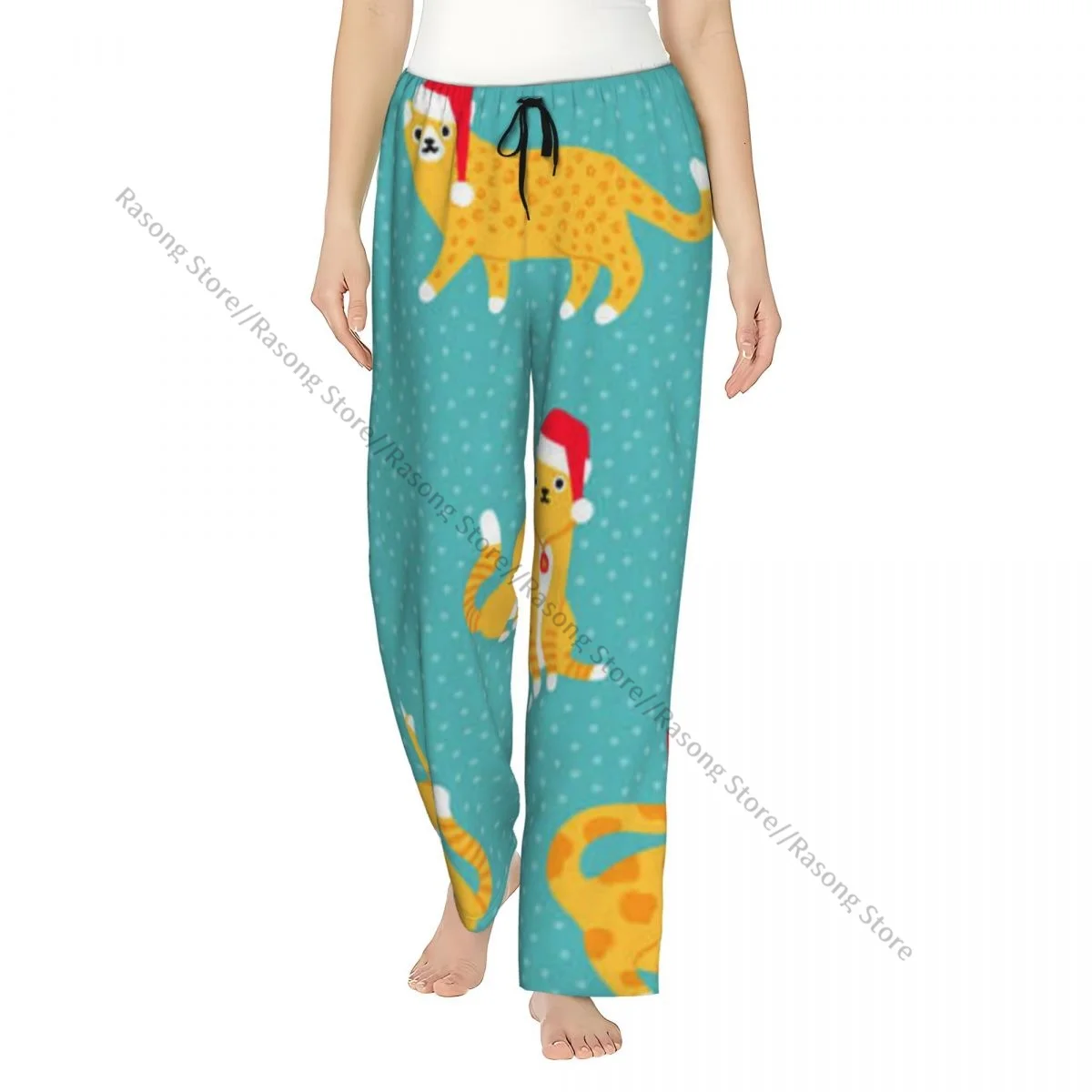 

Christmas Cats In Santa Hats Pattern Flannel Pajama Pants for Women Soft Warm Sleep Pants with Elastic Waistband