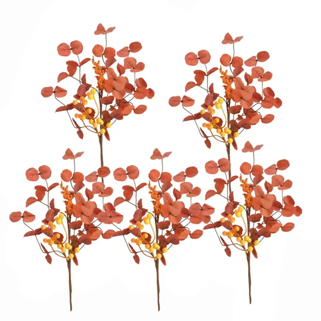 

Artificial Autumn Eucalyptus Stems for Seasonal Table Decoration Pack of 5 Plastic Branches to Enhance Fall Floral Displays