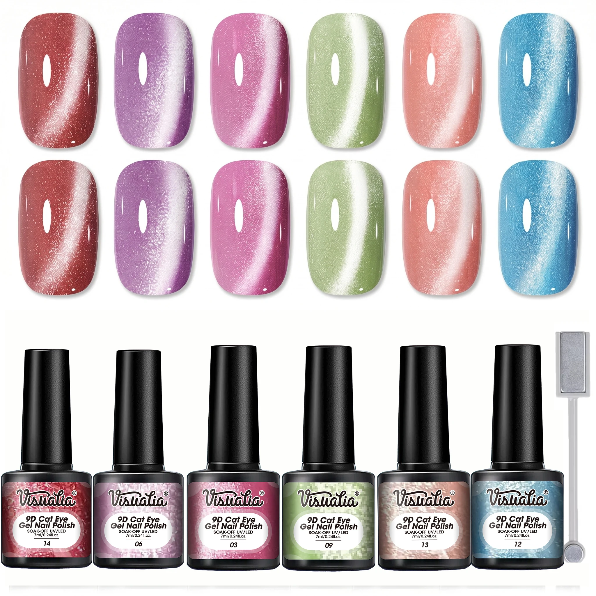 Este último set de 6 esmaltes de uñas en gel efecto ojo de gato incluye imanes y es apto para iluminación LED. Imprescindible para el uso doméstico, es un producto que se debe tener.