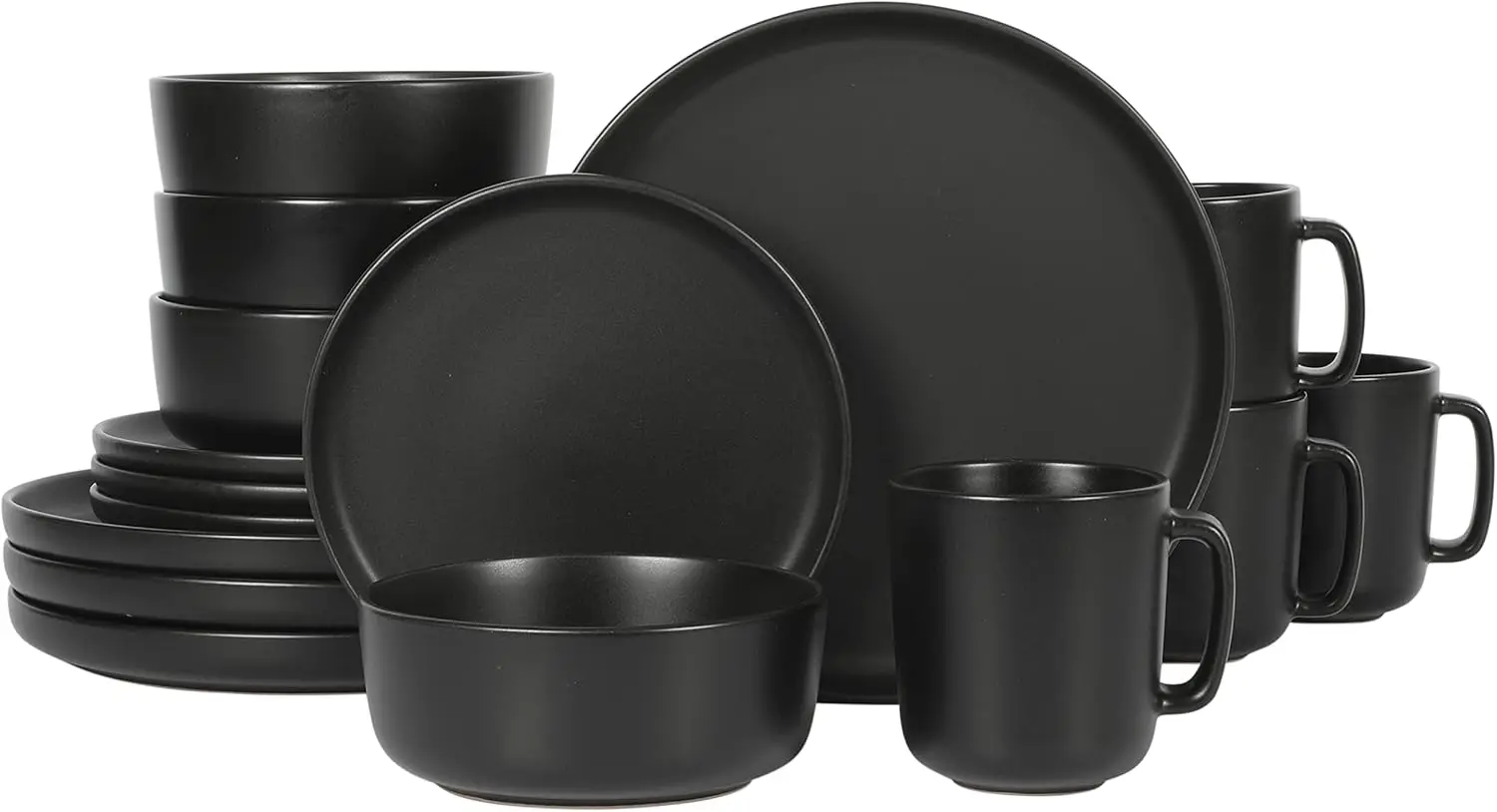 

Zuma Stoneware Dinnerware Set for Four, Matte Black Plates Bowls Mugs, 16-Piece Service