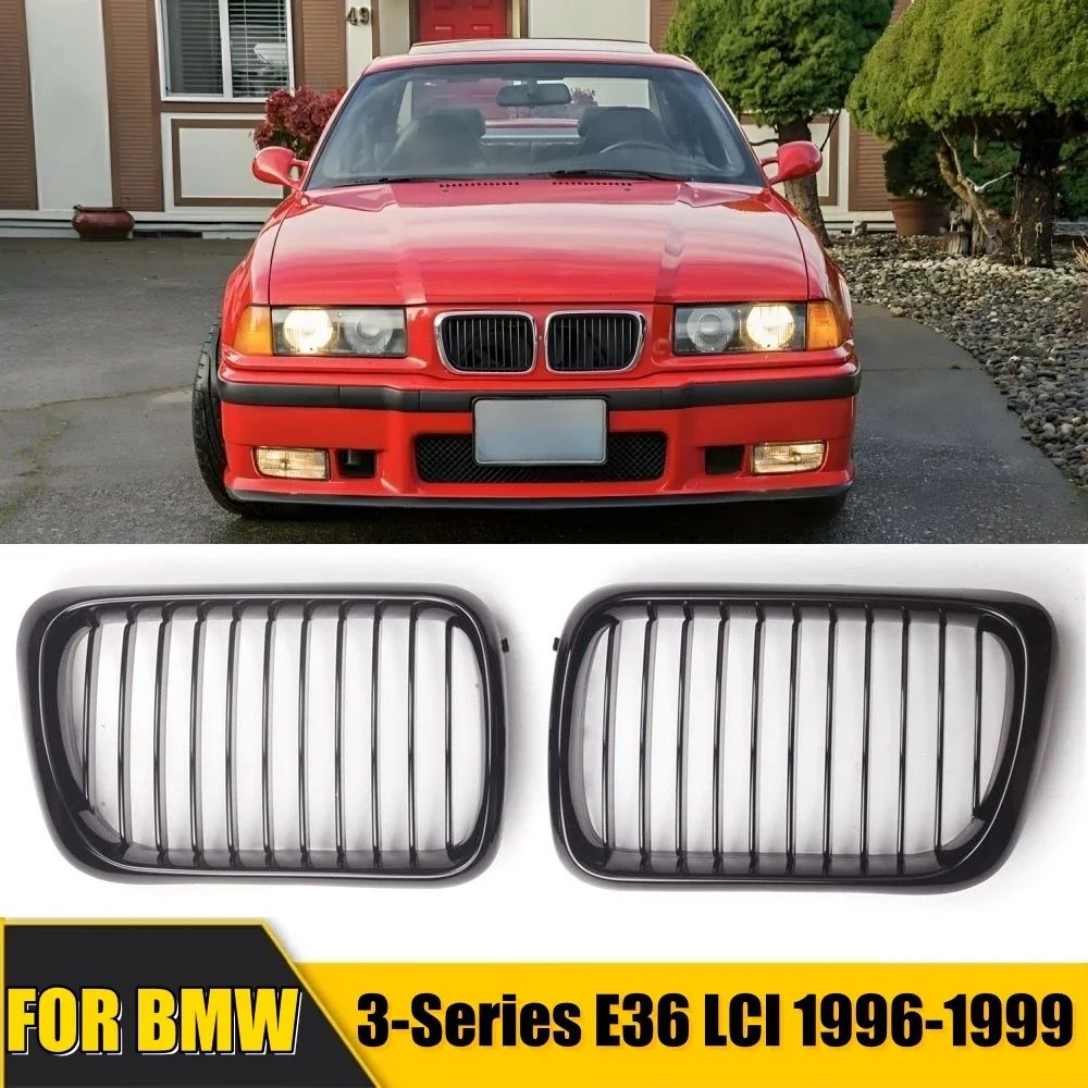 2x Double Line Style Car Front Racing Kindey Grilles For BMW E36 LCI 1996-1999 M3 Glossy Black Dual Slats Upper Grilles