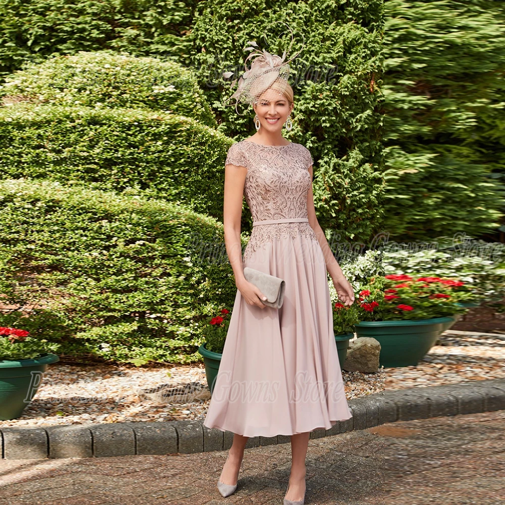 Robe formelle d'invitées de mariage pour femmes, en dentelle, longueur de thé en mousseline, robes mère de la mariée, col rond, Robe de marraine, 2022