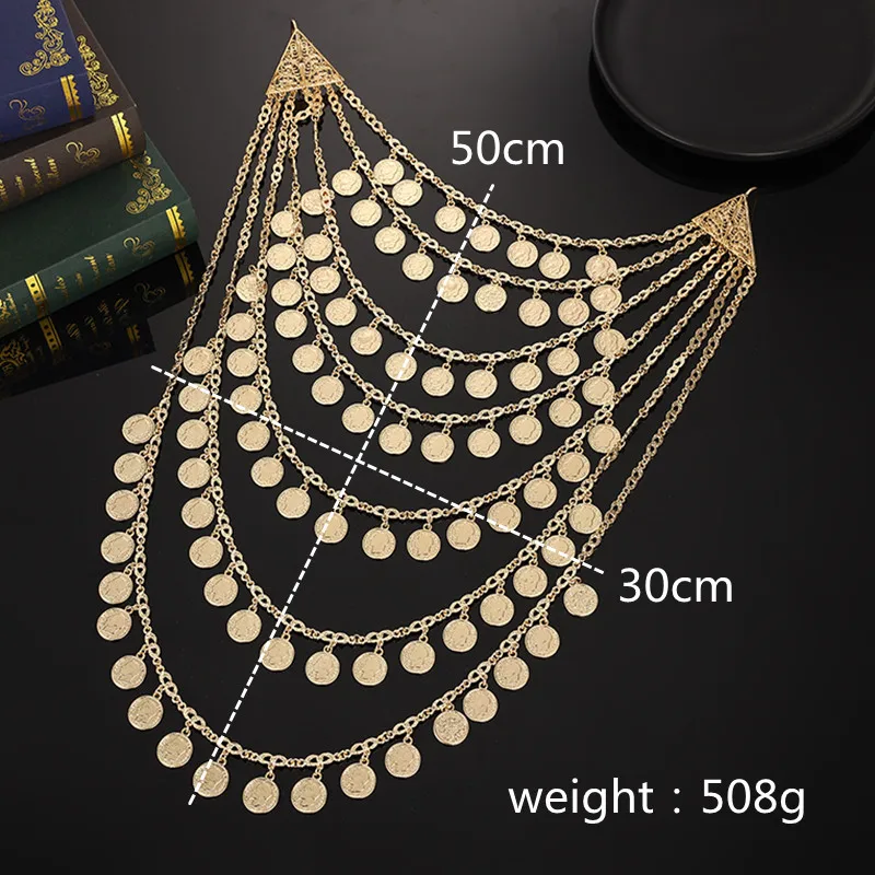 Algerian Caftan Bridal Jewelry Multi Chain Full Handmade Coin Large Necklace  Head Chest Chain Arab Wedding Dress Body Jewelry