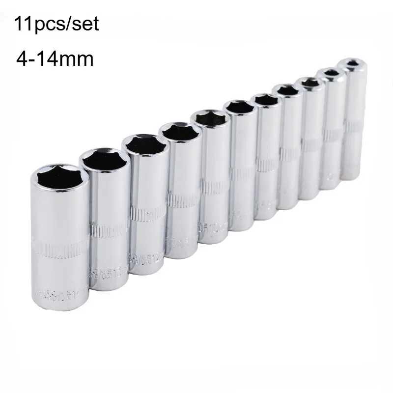 11pcs 4 Mm To 14 Mm Professional Grade Metric Long Chrome Socket Set 1/4-Inch Drive 6-Point Deep Socket