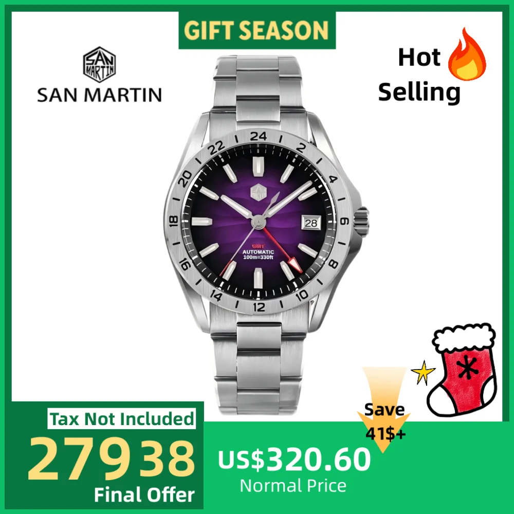 

San Martin 39mm GMT Dress Watch NH34 Automatic Luxury Desert Dune Dial Sapphire 100M Waterproof Luminous часы SN0129-2