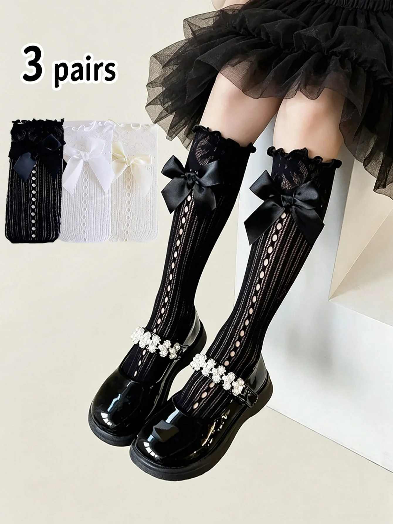 3 Pairs of Girls' Hollow Mesh Socks with a Ladylike Bow Decorated for a Lolita Look, Featuring a Breathable and Lightweight Design