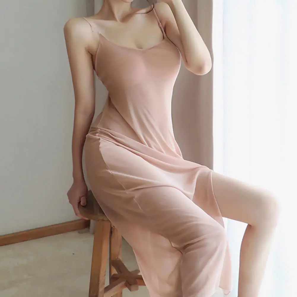 Lady Nightdress G-string Set Side Split Solid Color Low-cut U Neck Backless Sleeveless Thin See-through Spaghetti Strap Dress