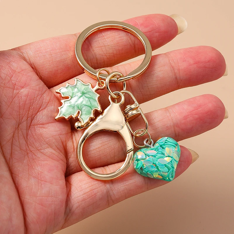 Cute Love Heart Keychain Enamel Plant Maple Leaf Pendant Key Rings for Women Men Car Key Handbag Key Chains DIY Accessories