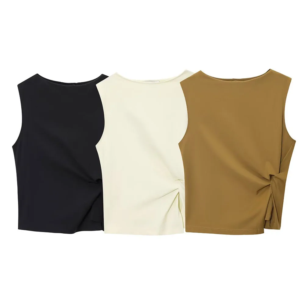 

ZBZA Женский укороченный жилет Топ с круглым вырезом без рукавов Slim Fit Однотонный плиссированный повседневный пуловер с завязками Топ Простой летний новый шикарный жилет