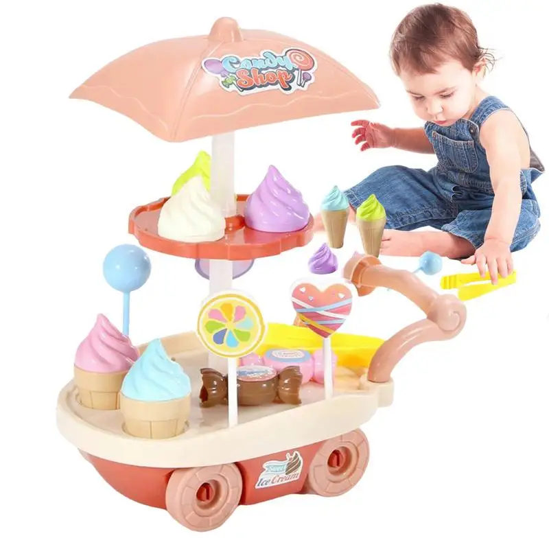 Mini Ice Cream Creative Cart Playset Kitchen Toy With Lollipop Pretend Play Educational Cooking Set Toy Birthday Gift For Kids