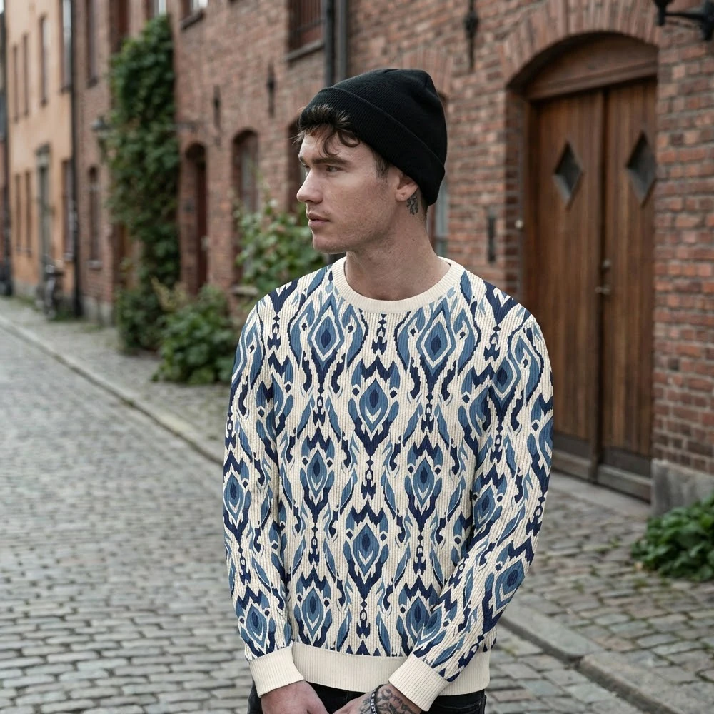 

2026 New Men's Casual Geometric Pattern Knit Sweater Nordic Retro Ethnic Style Pullover Street Casual Fashion Crew Neck Top