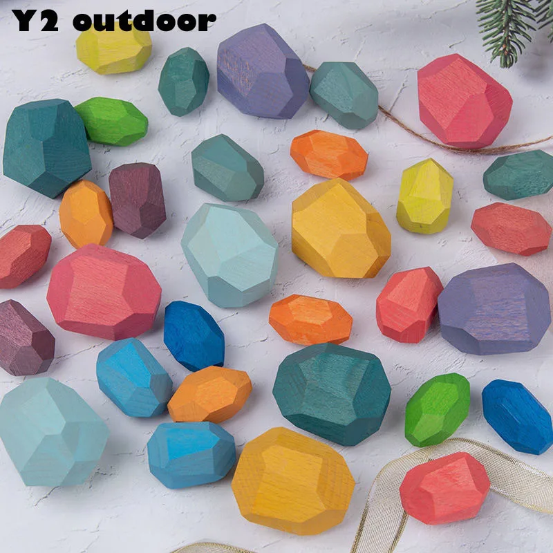 Montessori Wooden Toys Wooden Rainbow Colored Stone Wooden Blocks Rainbow Stone Stacking Toy Children Baby Educational Toy