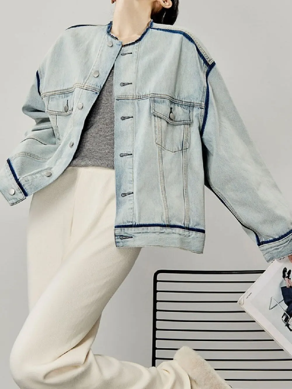 Women American Vintage Blue Denim Jacket Autumn Collarless Raw Edge Loose Long Sleeve Top Versatile Single Breasted Outerwear