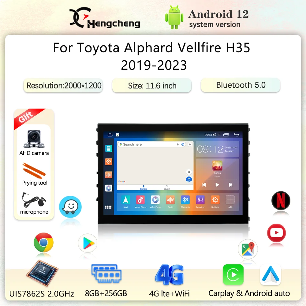 

11.6inch For Toyota Alphard Vellfire H35 2019-2023 Car Multimedia Video Player GPS Navigation Radio Android12 Carplay Auto 4G