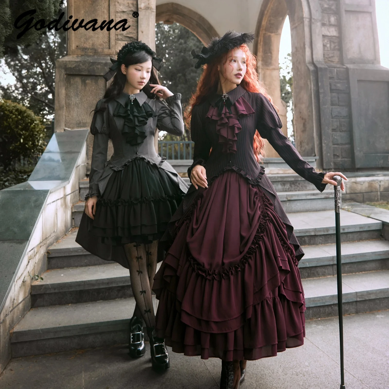 New Autumn Gothic Court Style Women's Retro Long Sleeve Striped Tailcoat Shirt Lolita Skirt Two-piece Set Female Lolita Outfits