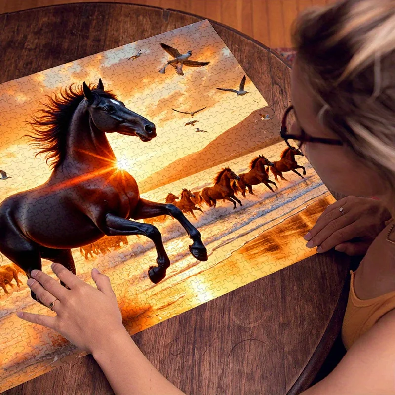 จิ๊กซอว์กระดาษ 500/1000 ชิ้น: ชายฝั่งพระอาทิตย์ตกดิน พร้อมม้าวิ่งและนกนางนวล เกมสำหรับผู้ใหญ่ ของเล่นจิ๊กซอว์ขนาดใหญ่ ของขวัญสำหรับครอบครัว เล่นแบบอินเทอร์แอคทีฟ